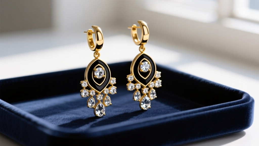 Close-up of gold-plated brass drop earrings with black enamel and glass rhinestones resting on a dark velvet jewelry tray.