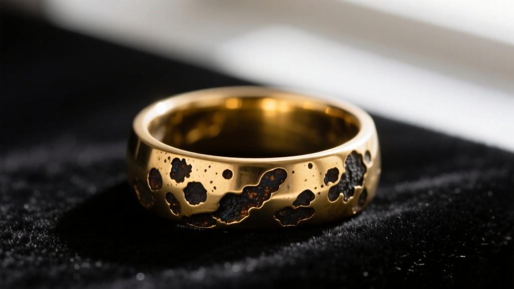 Macro photography of a tarnished gold-plated brass ring showing dark oxidation spots along the inner band, resting on black velvet.