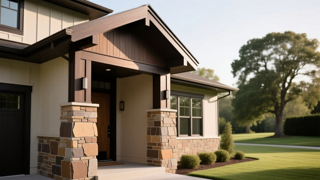 Exterior craftsman home featuring Dutch Quality Stone Veneer in Weather Ledge profile with warm mocha blend and dark wood trim