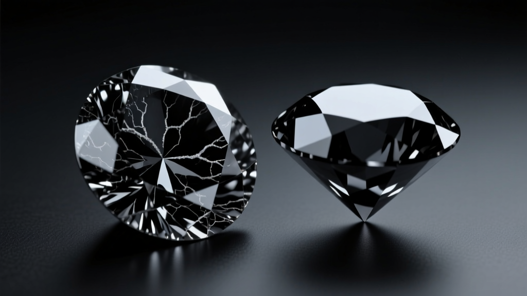 Macro photography comparing a natural opaque black diamond with graphite inclusions next to a uniform irradiated black diamond.