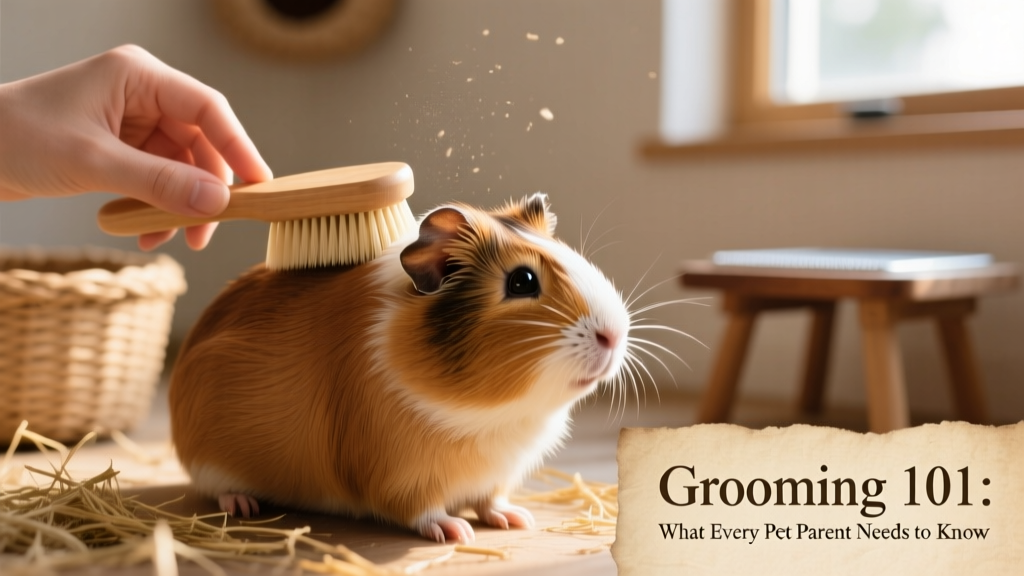A calm guinea pig being gently brushed by a hand holding a soft-bristle brush