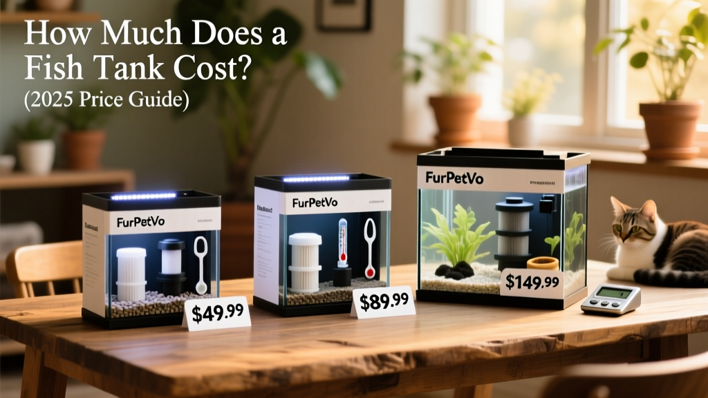 Side-by-side comparison of three FurPetVo aquarium starter kits with labeled components and price tags