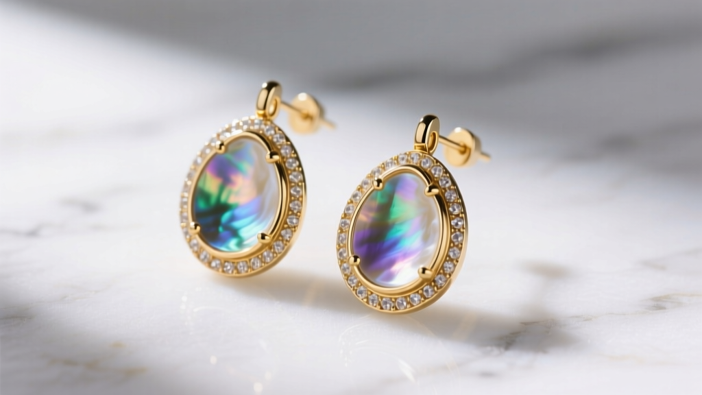 Close-up of 14k gold bezel-set oyster shell drop earrings on white marble, catching soft light to reveal iridescent nacre.