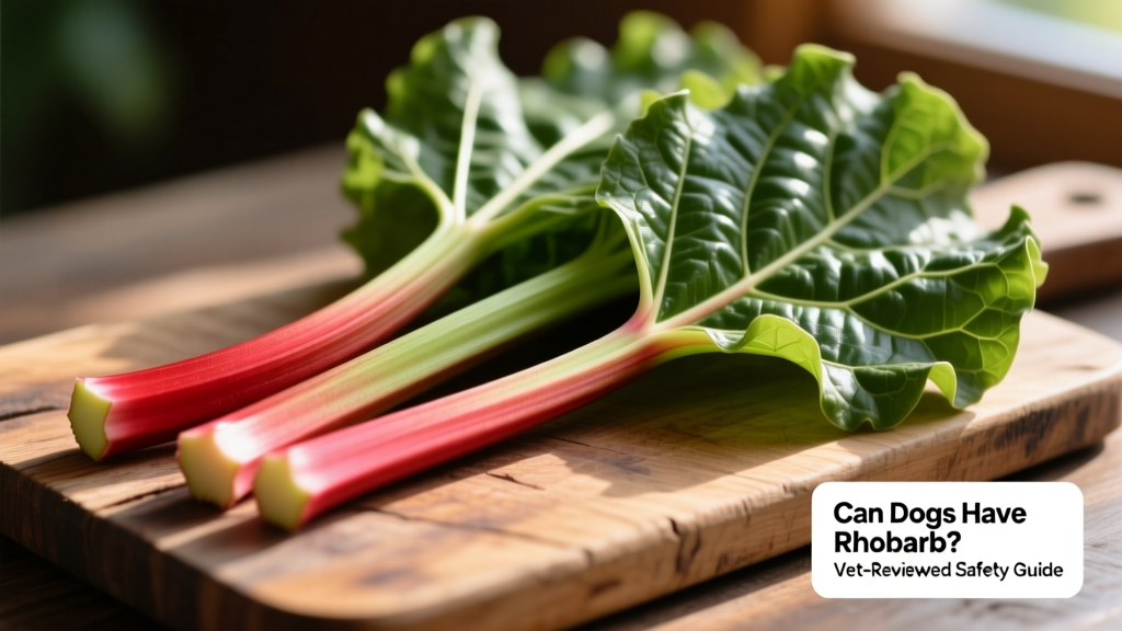 Close-up of fresh rhubarb stalks and leaves on a wooden cutting board, highlighting the visual difference between safe-looking stalks and large, broad leaves