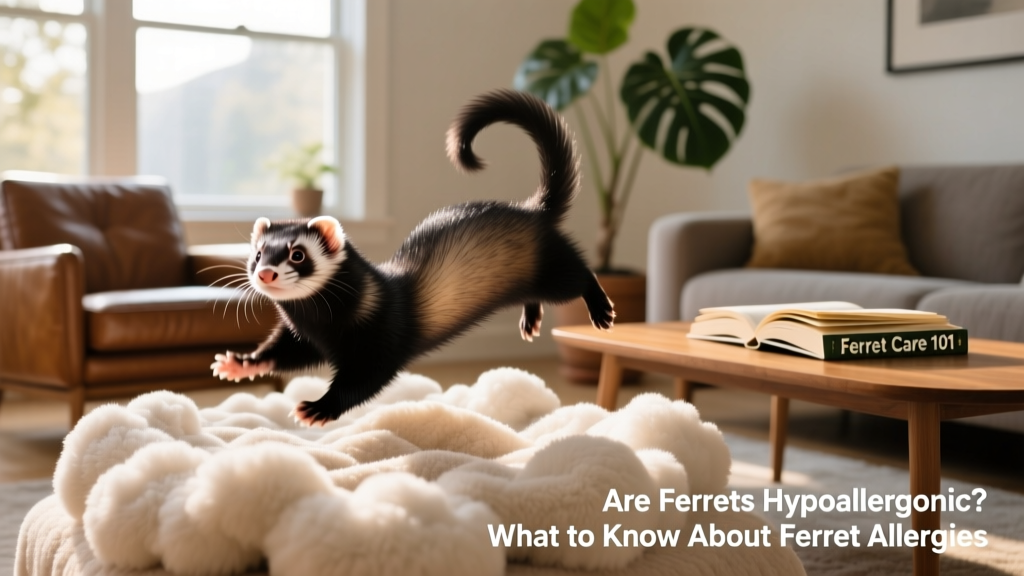 A playful ferret mid-tumble on a soft fleece blanket in a sunlit living room