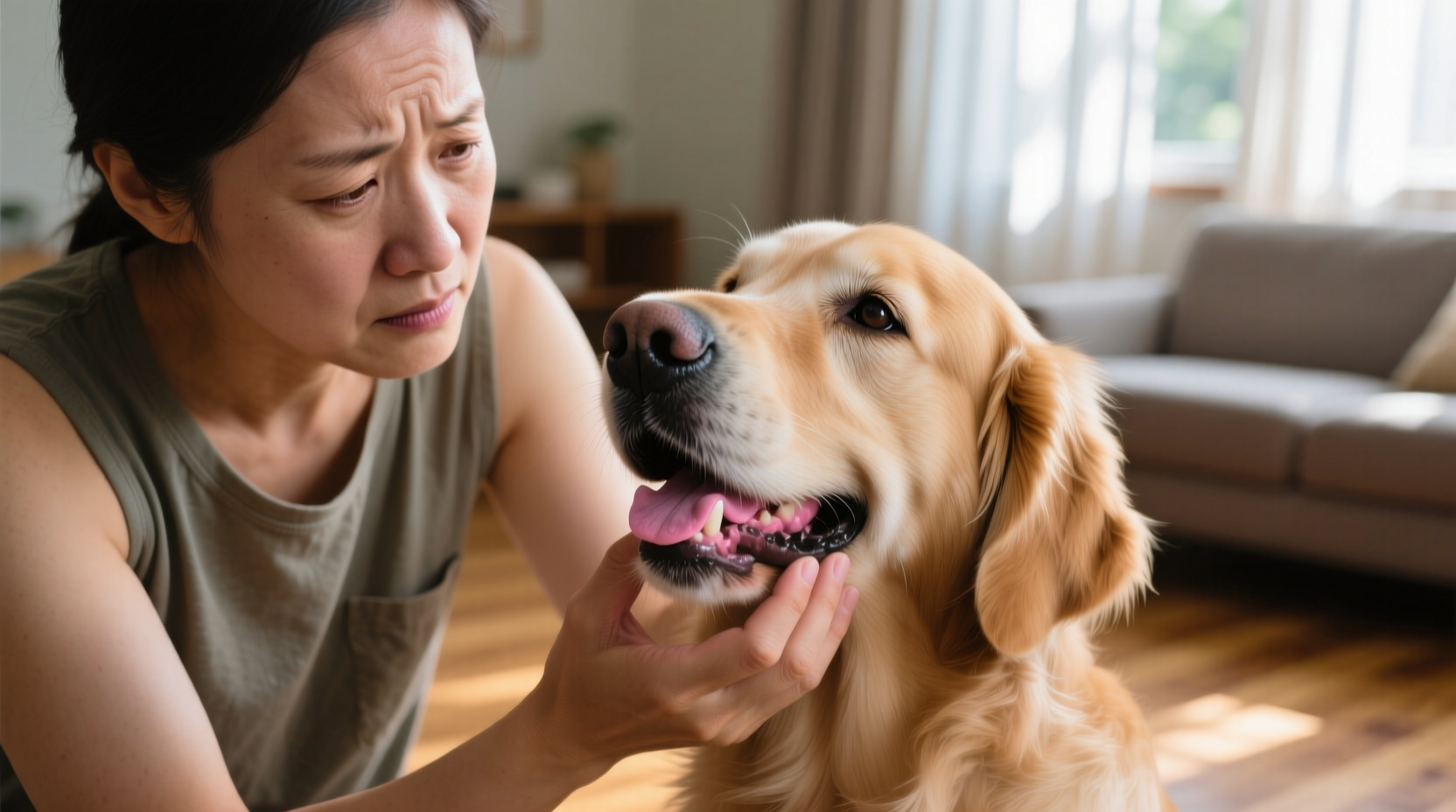 Dog owner checking pet's gums for signs of anemia