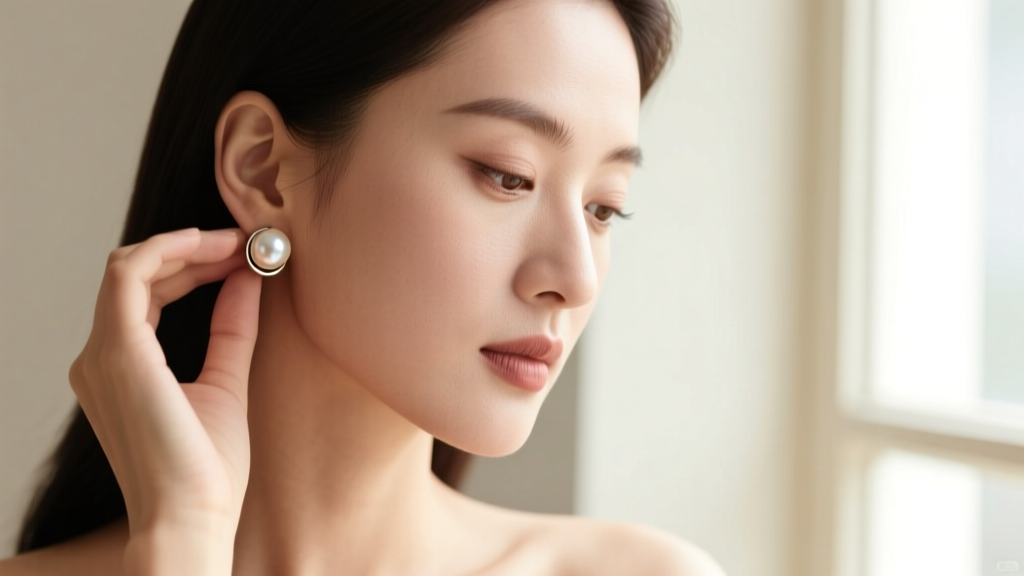 Profile of a woman adjusting a magnetic pearl earring on her lobe, showing proper alignment and a gentle, comfortable snug fit