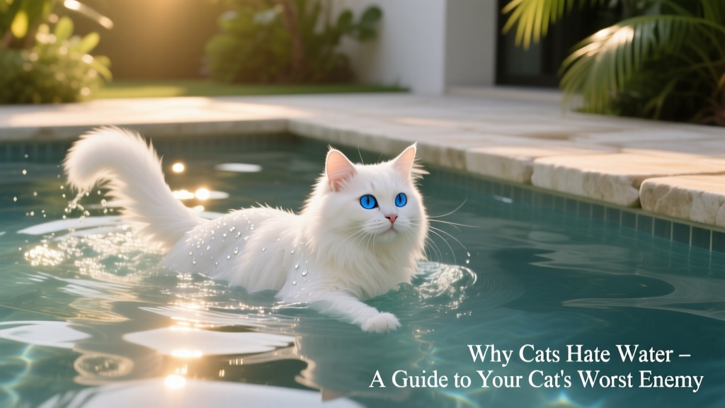 Turkish Van cat swimming confidently in a shallow pool