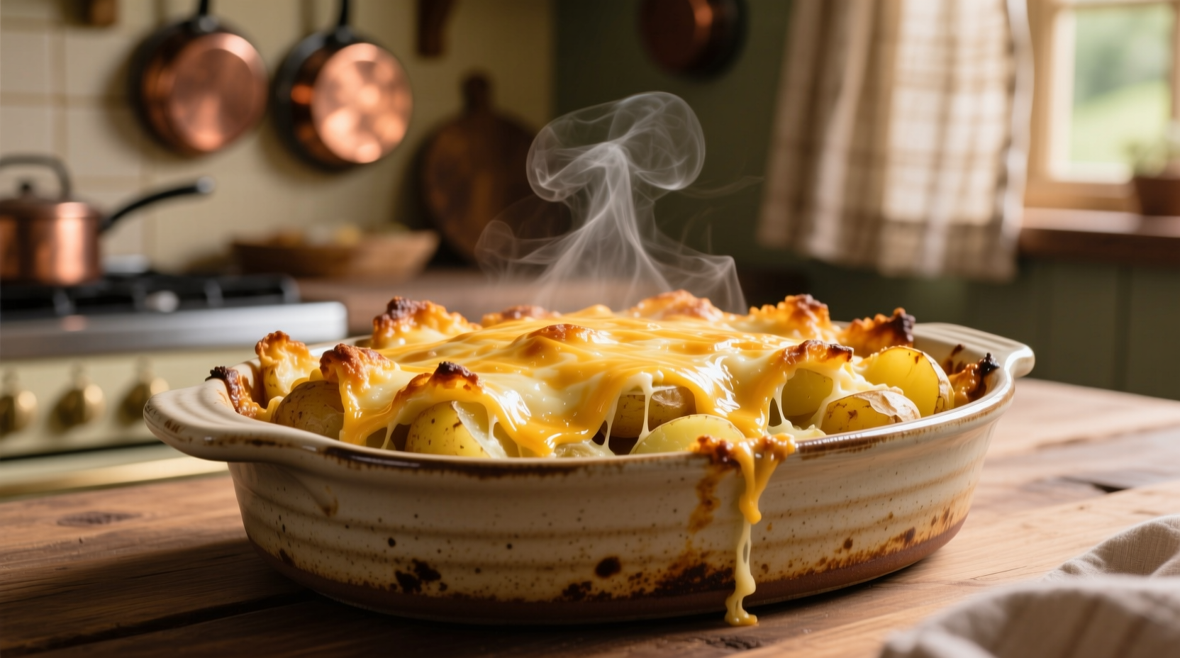 Golden cheesy potato bake in ceramic dish