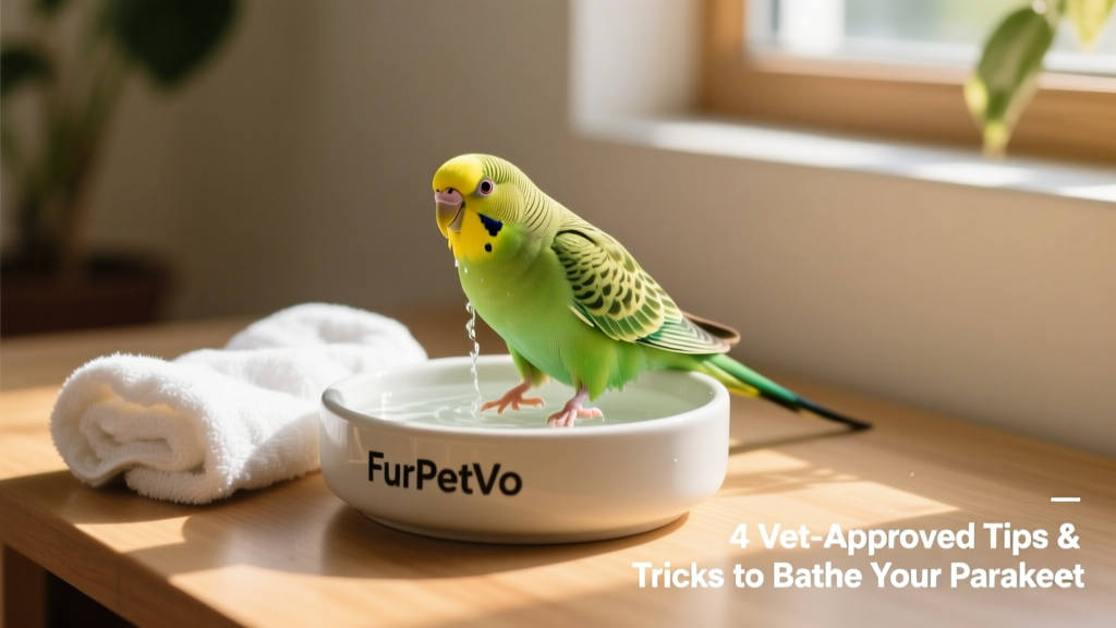 A clean, minimalist parakeet bathing station featuring a FurPetVo ceramic dish and soft cotton towel nearby
