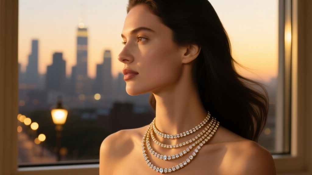 Profile of a woman wearing layered 18k rose gold pavé diamond necklaces, gazing out a window at blurred evening city lights.