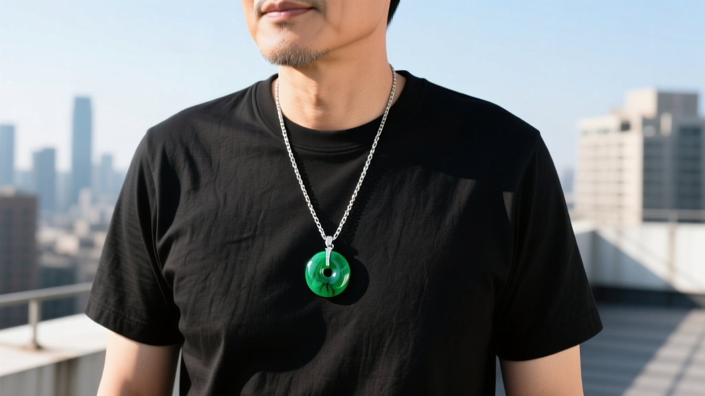 Man wearing a 40mm jadeite disc pendant on a 22-inch silver chain, resting on his chest over a black t-shirt in natural daylight.