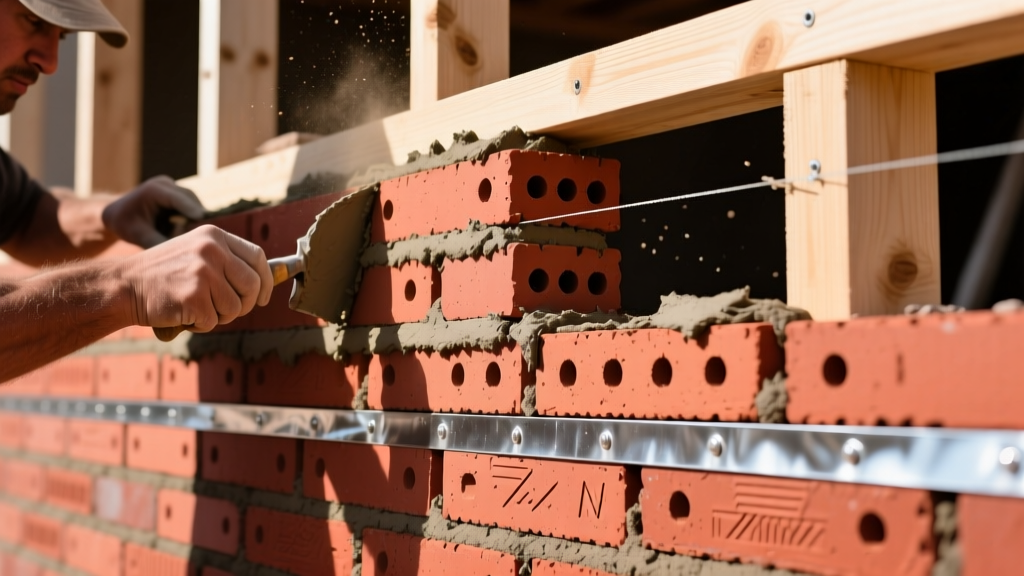 Masons laying red clay modular face brick veneer with Type N mortar over wood-framed wall showing weep holes and metal flashing details