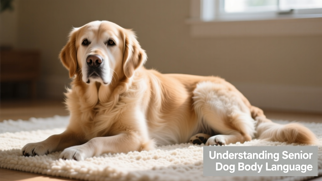 Senior golden retriever resting calmly on a soft rug, head lifted gently, eyes alert but relaxed