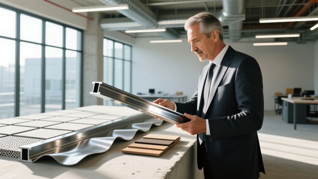 Architect reviewing material samples including structural steel beams, fluid-applied weather barriers, and acoustic ceiling tiles on a modern job site