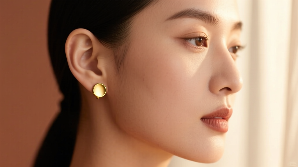 Left ear lobe wearing a 14k gold flat-back stud, lit by soft natural light against a gently blurred, warm-toned background