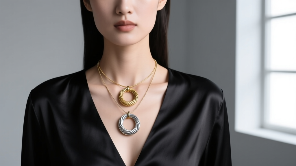 A model wearing a layered two ring necklace pendant on a 1.2mm rope chain, resting on a dark silk blouse with a deep V-neckline.
