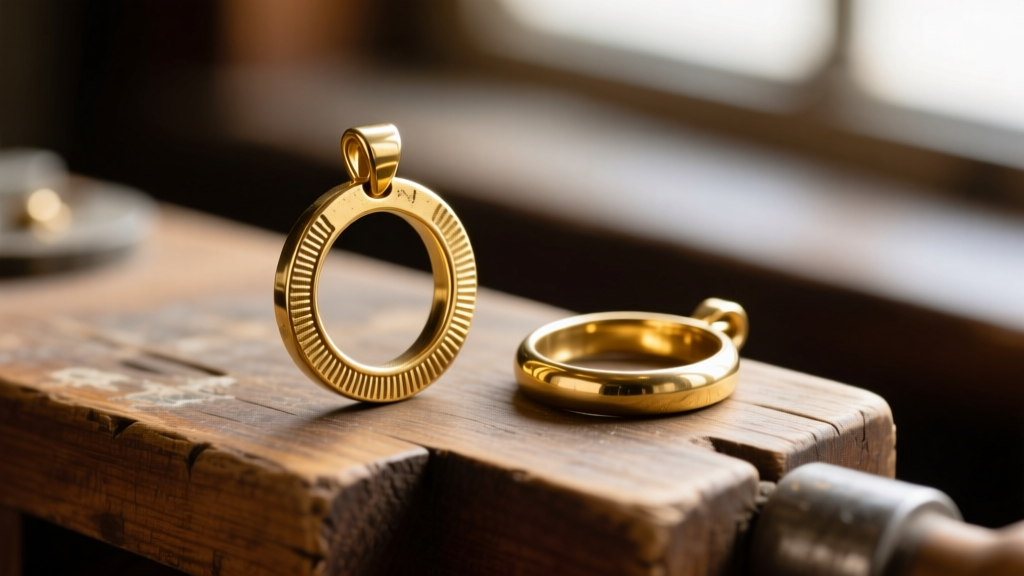 Close-up of a worn gold-filled pendant bail with friction marks, beside a solid 14k gold bail on a wooden jeweler's workbench.
