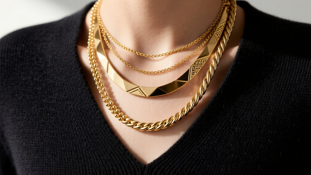 Close-up of three layered gold necklaces at 16, 18, and 20 inches, showing varying textures over a dark V-neck cashmere sweater
