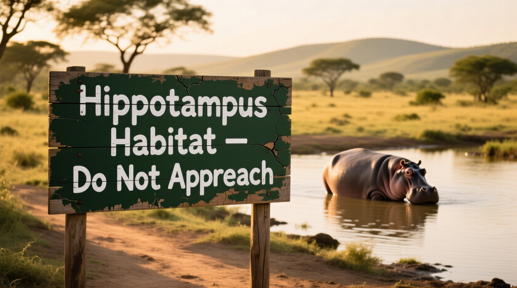 Conservation sign near hippo habitat in African national park