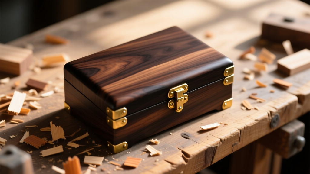 Overhead view of open handcrafted black walnut DIY jewelry box with brass hinges resting on a workbench covered in wood shavings