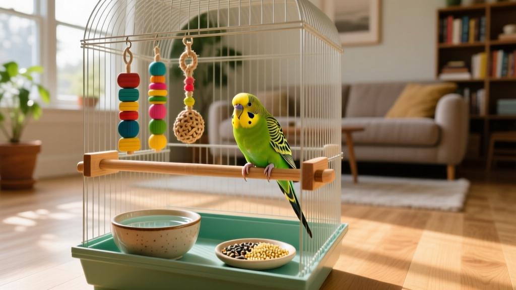 A spacious, well-equipped budgie cage with perches, toys, and fresh food and water dishes