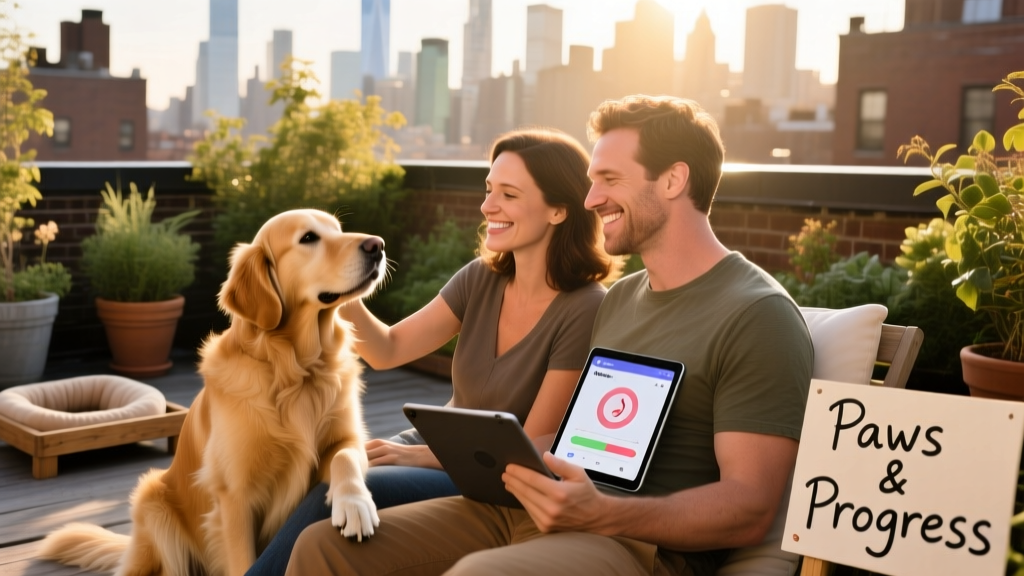 Diana and Paul relaxing with a friendly golden retriever during a pet sitting assignment in New York