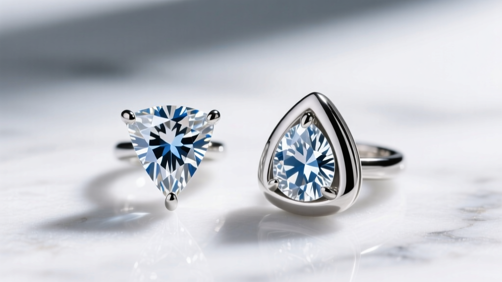 Macro shot comparing a V-prong set trillion diamond earring next to a full bezel triangle earring on a white marble background