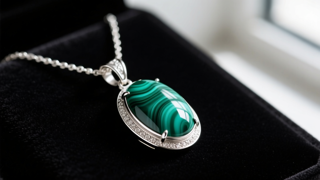 Close-up of a sterling silver necklace featuring a polished malachite cabochon pendant resting on dark velvet