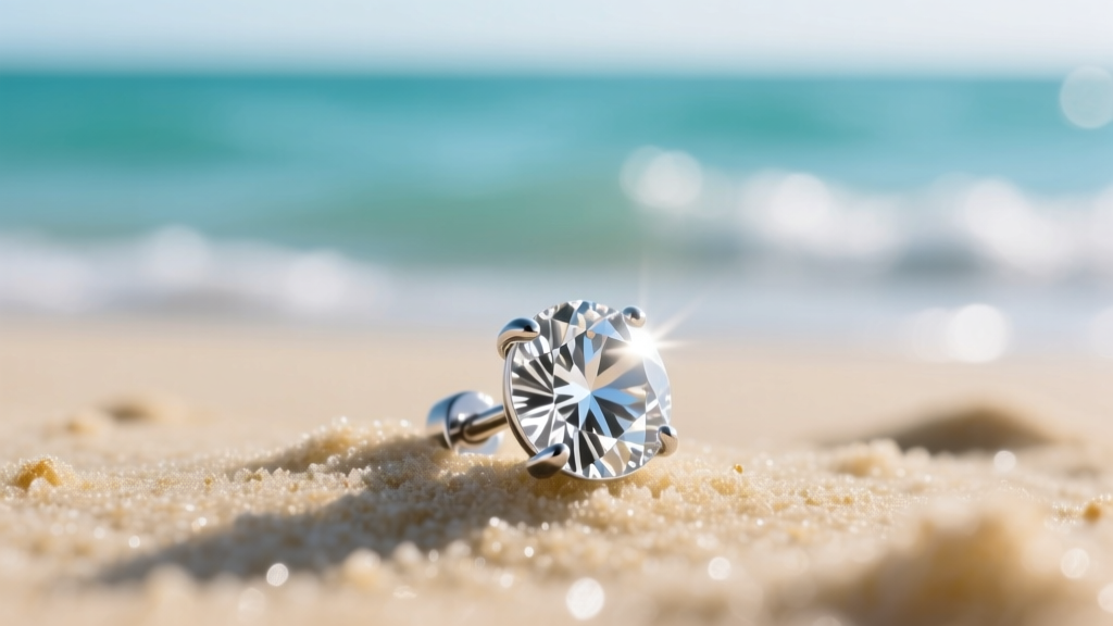 Macro shot of a platinum diamond stud earring half-buried in wet ocean sand, with blurred turquoise water in the background.