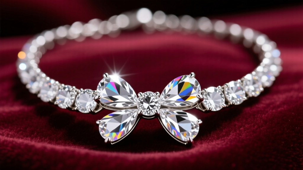 Close-up of a rhinestone bow necklace on velvet, showing faceted crystals and silver prong settings under bright studio lighting.