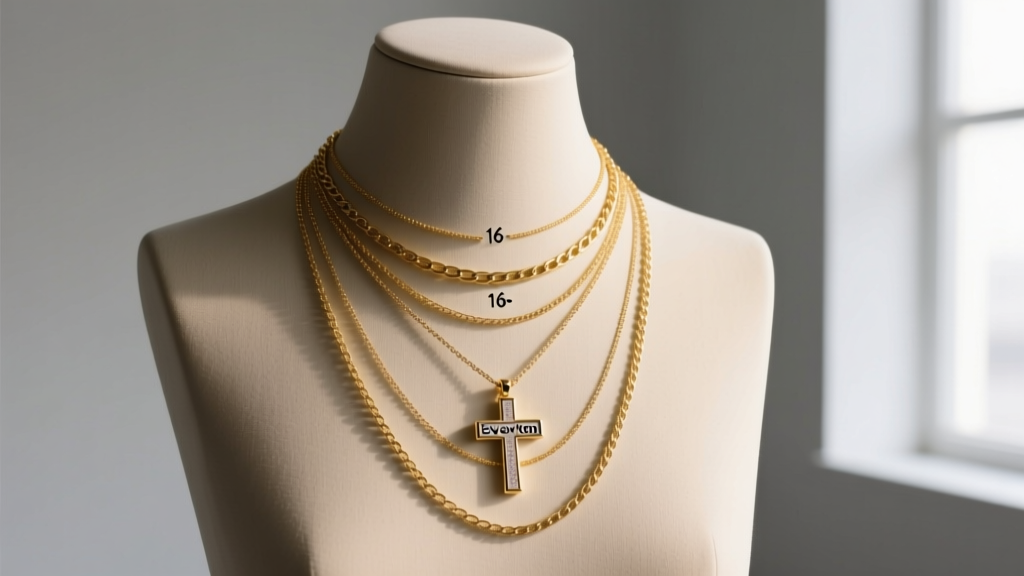 Layered gold necklaces on a mannequin, with an eNewton cross pendant resting exactly at the 16-inch collarbone drop position.