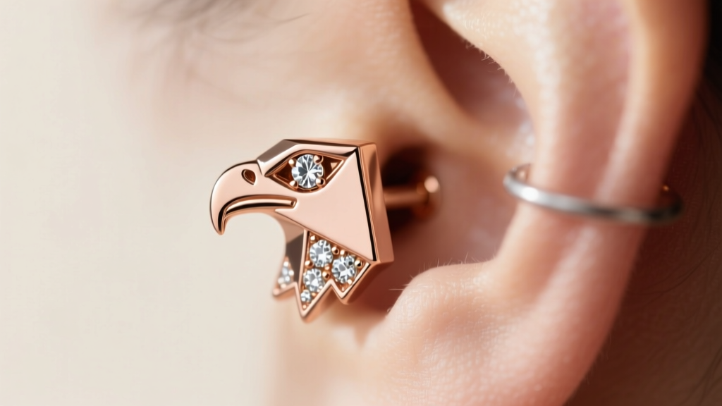Side profile of a minimalist geometric eagle head stud earring in rose gold with a pave diamond eye, worn on a healed helix piercing