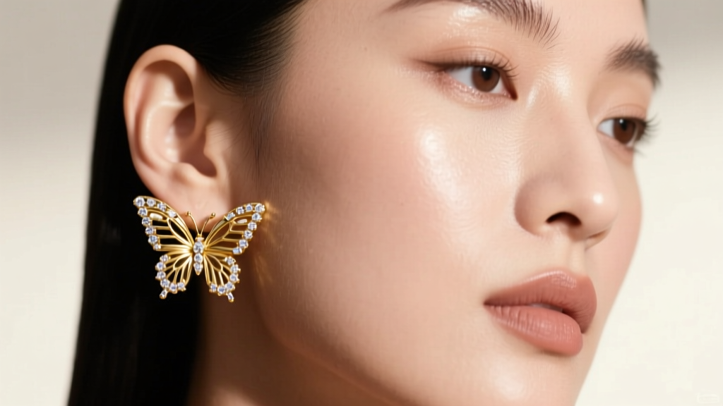 Close-up of 14k gold butterfly earrings hoop with diamond wings on a model, soft studio lighting, high fashion editorial portrait