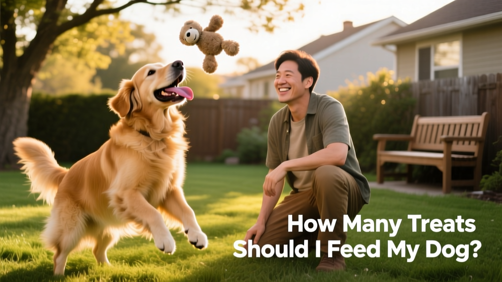 A golden retriever happily playing with a soft plush toy while its owner smiles nearby