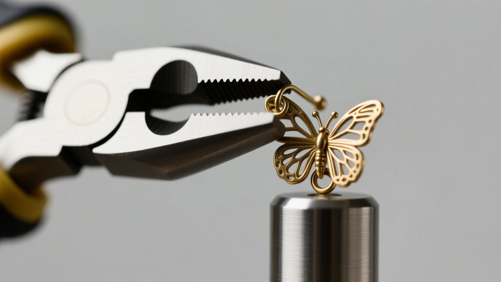 Padded flat-nose pliers carefully gripping a stuck brass butterfly earring back on a steel post, bright macro photography.