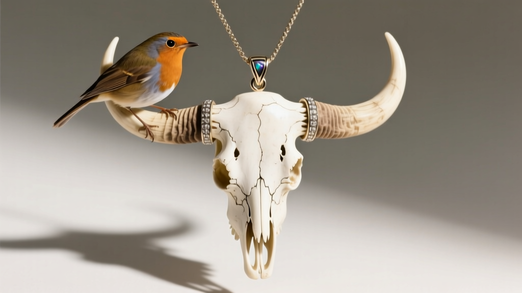 High-angle shot of a buffalo skull pendant featuring natural robin's egg blue turquoise inlay set against dark oxidized silver.
