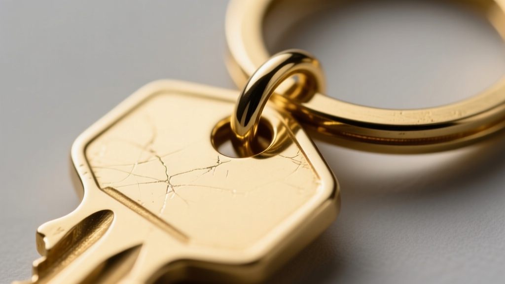 Close-up of a gold-plated zinc keychain pendant showing plating wear and micro-scratches near the split ring attachment.