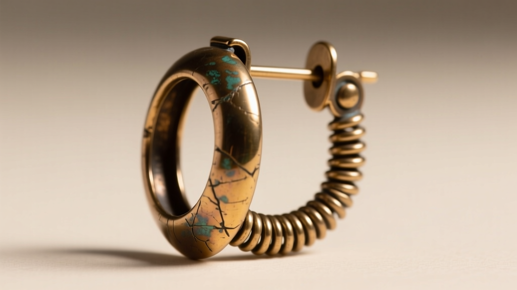 Side profile of vintage 1990s Holly Yashi omega-back earring clasp in oxidized bronze, highlighting the tension spring mechanism