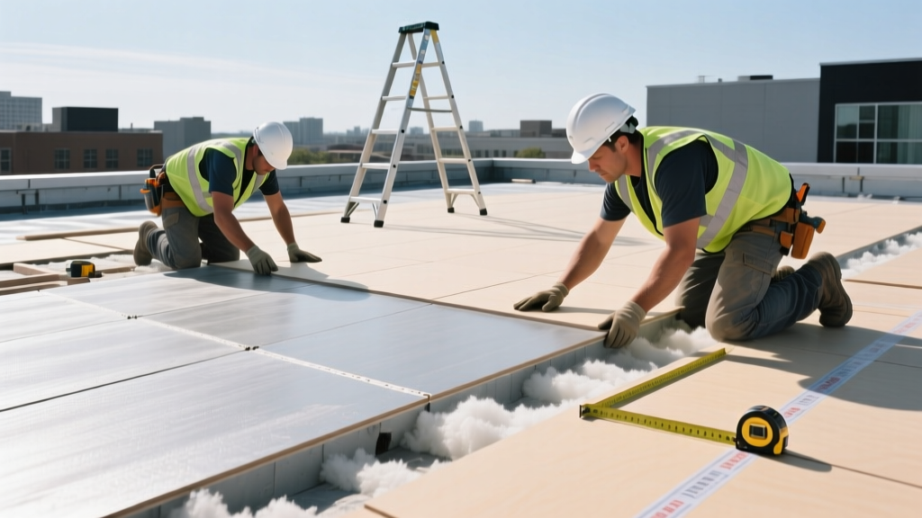 Commercial flat roof installation showing workers laying high-density gypsum fiber cover boards over polyiso insulation before membrane application