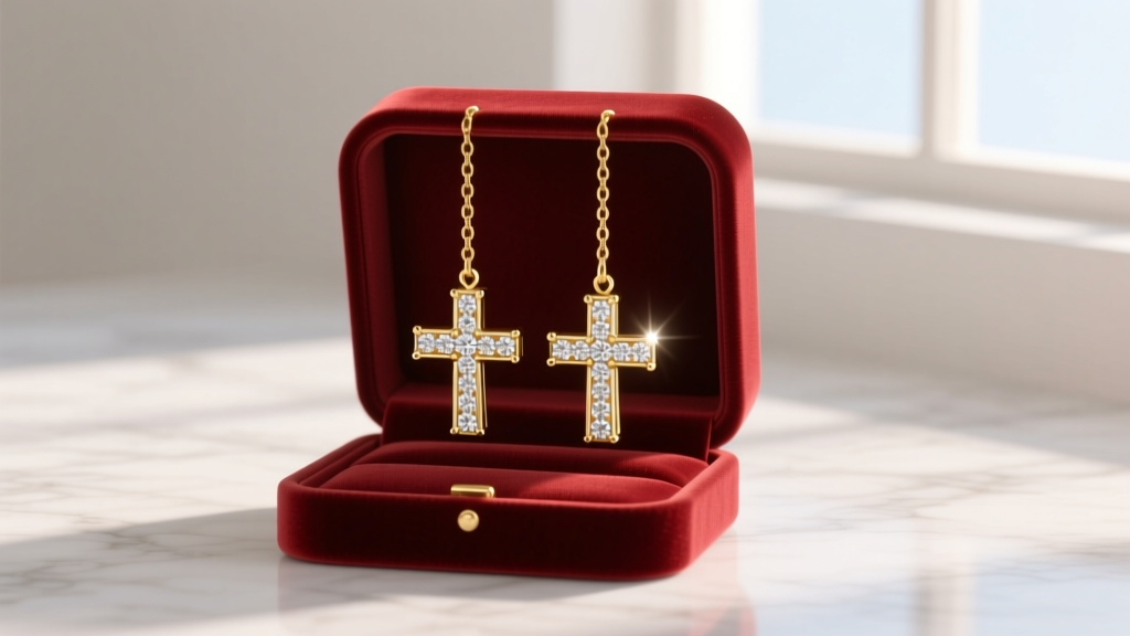 Open velvet box on marble revealing 18k yellow gold hanging cross earrings with pave diamonds under soft studio lighting.