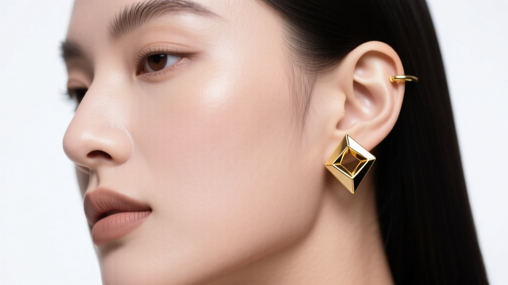 Close-up of model wearing a single 18k gold geometric ear cuff on the right ear, studio lighting, minimalist background