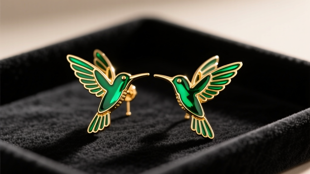 Close-up of 14k gold hummingbird earrings with vivid green enamel wings on a dark velvet tray, lit by soft warm studio lighting