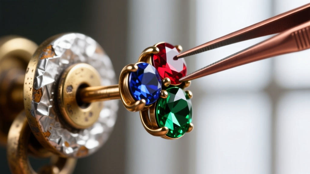 Close-up of a vintage earring back showing a new solder joint, with copper tweezers protecting foil-backed rhinestones