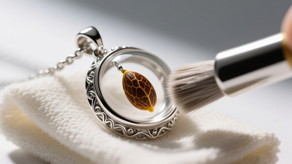 Soft microfiber cloth polishing a sterling silver mustard seed pendant, showing the tiny brown seed clearly visible inside the glass.