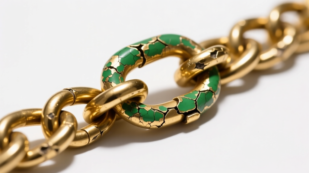 Macro of a worn gold-plated chunky chain showing green oxidation and flaking at the clasp under bright studio lighting.