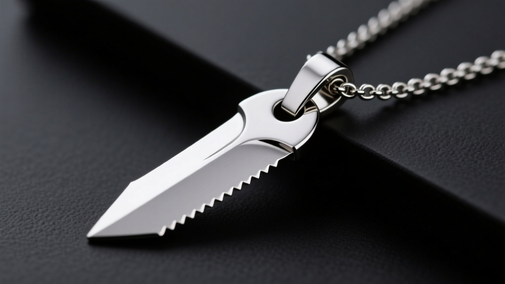 Detailed view of a titanium blade necklace pendant featuring a 1mm safety beveled edge and a secure box clasp with safety latch.