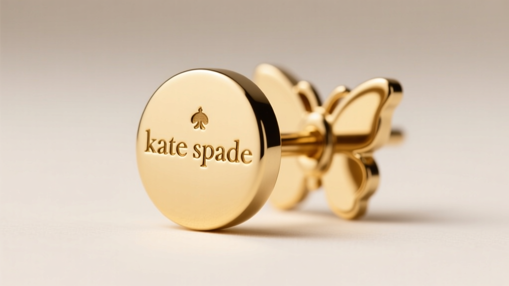 Macro shot of a gold-plated Kate Spade earring post, highlighting the lowercase hallmark engraving and standard butterfly clutch
