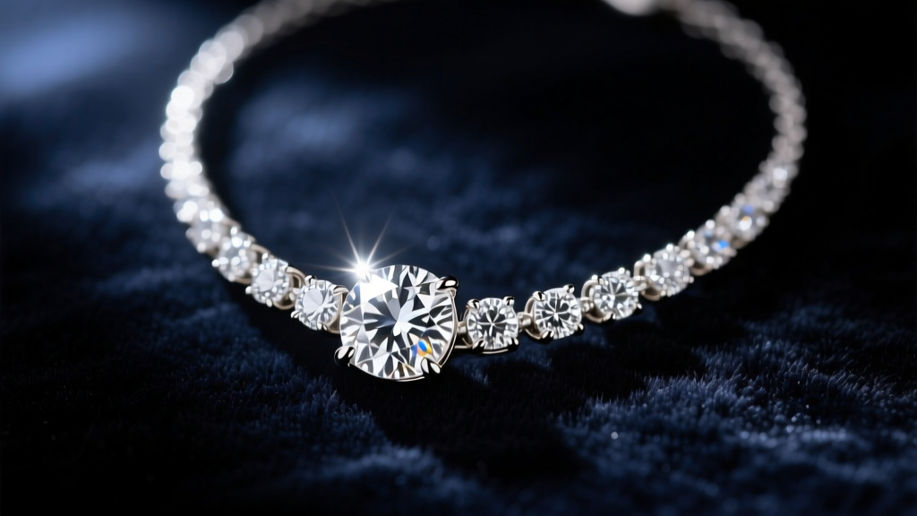 Close-up of a sparkling 18-karat white gold diamond pendant necklace resting on dark velvet, illuminated by dramatic spotlighting