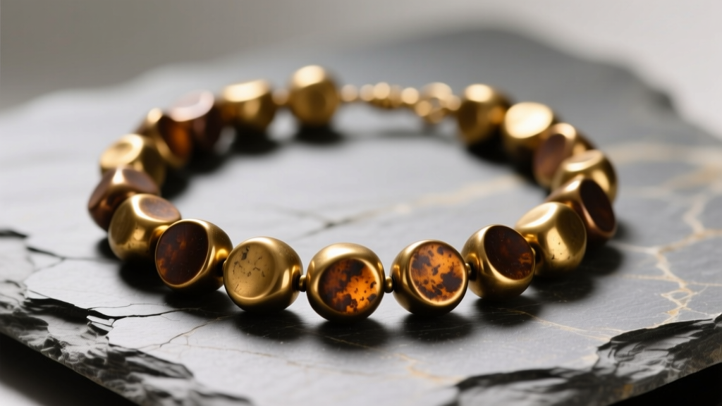 Macro shot of vintage brass bead necklace showing oxidized textured round beads on slate with a rich golden-brown metal patina.